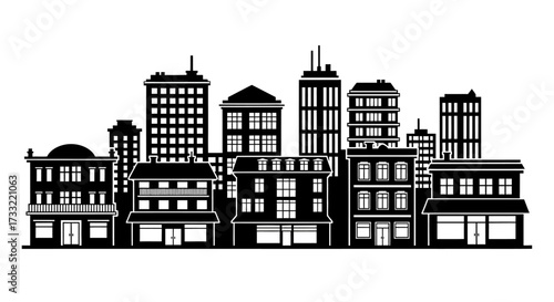A black and white silhouette of a city skyline featuring various buildings.
