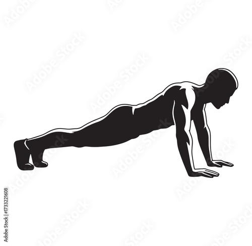 Vector illustration of a man performing a push up exercise in silhouette form
