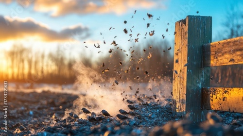 Golden hour dust flurry and gathered birds at wooden fence post on the rural edge