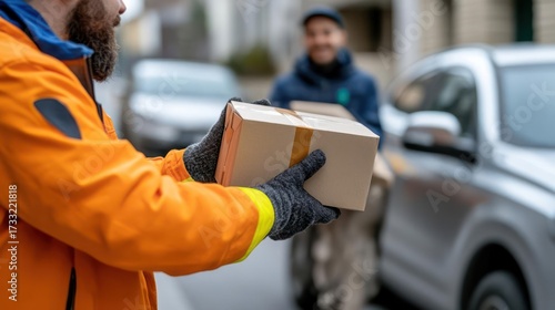 Package delivery service: Careful courier holding box with safety reflective jacket outside