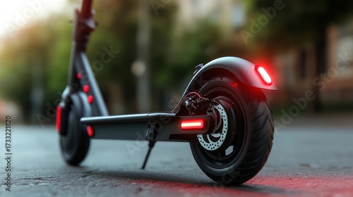Electric scooter rear view showcasing modern design and safety lights for urban mobility