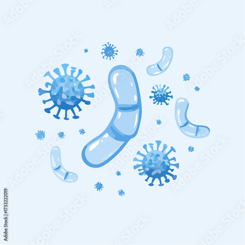 3D probiotic medical background, microbiology microbiota bacillus blue banner microflora render. Health digestive care bacterial microorganism concept, salmonella microscope germ.