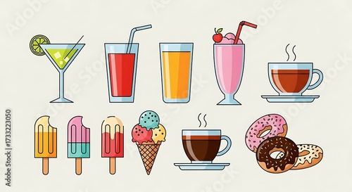 Collection of Refreshing Drinks and Sweet Treats.