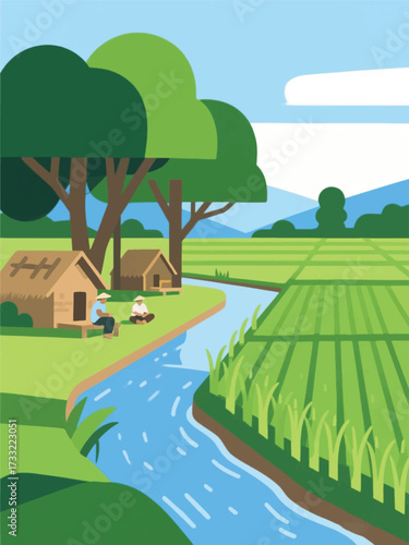 Farmers on the Edge of Irrigated Rice Fields Illustrator Artwork Design Template Poster