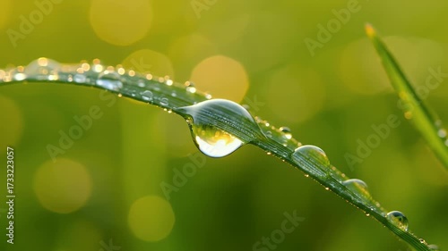 Close-up of sparkling morning dew drops on a vibrant green grass blade, reflecting light with a soft bokeh background.