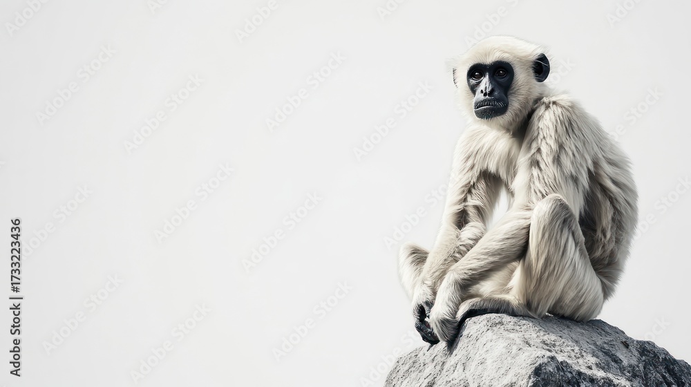 Obraz premium White monkey perched on rock against a bright neutral background