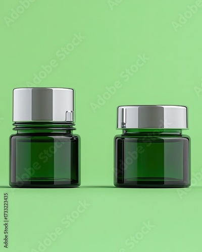 Two emerald green glass jars with metallic lids on a lime green background