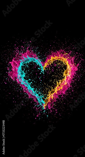 Colorful heart shaped burst with vibrant hues on a dark background in artistic style