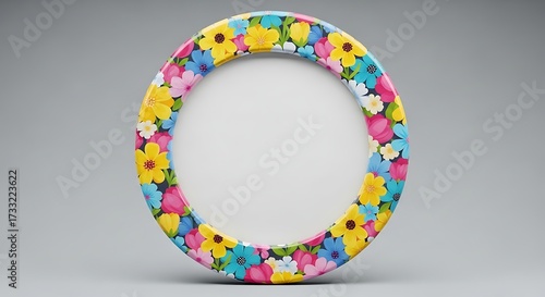 Colorful Floral Circular Picture Frame on Gray Background.