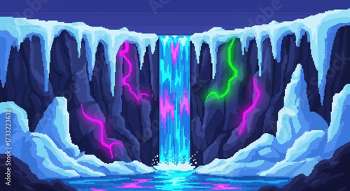 Vibrant Neon Waterfall in an Icy Cavern.