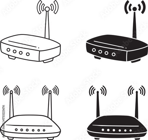Router Icons in Outline and Silhouette Style Wireless Connectivity Network Device and Technology