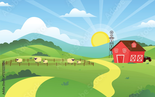 Farm field landscape cartoon ilustrations