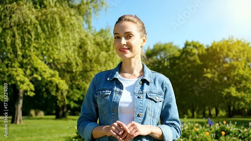 Smiling young woman in denim jacket enjoying a beautiful sunny day outdoors in a lush green park