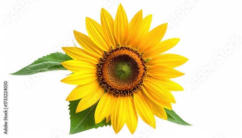 Wallpaper Mural A vibrant sunflower, fully bloomed, with green leaves, set against a clean white background Torontodigital.ca