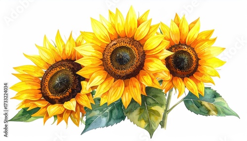 Watercolor painting of three vibrant sunflowers with green leaves, on a white background