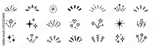 Line surprise icon element set. Hand drawn line sun bursts, cartoon star sparkles, and playful surprise rays with comic starburst and whimsical sunshine comic effect elements. Vector illustration