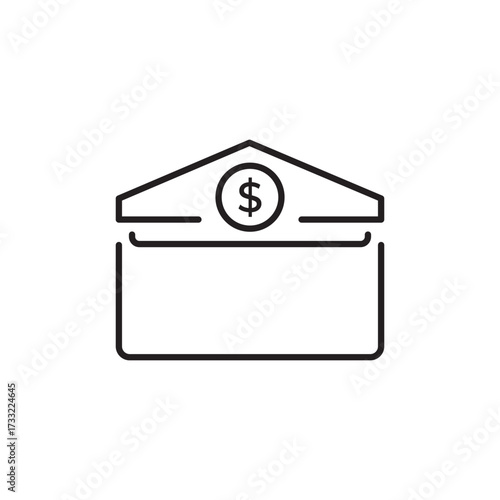 Vector line icon of bank building with dollar symbol, representing finance, investment, savings, economy, loan, credit, accounting, financial institution, business management, and money banking design
