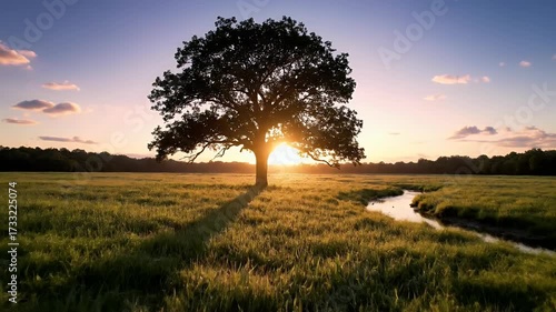 Golden hour glow behind a solitary tree in a vibrant green field with a tranquil stream, serene nature landscape