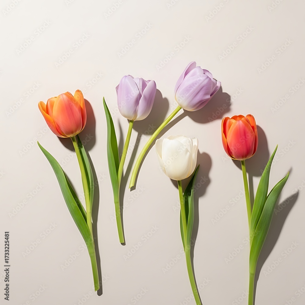 Fototapeta premium Five Colorful Tulips Arranged Artfully.