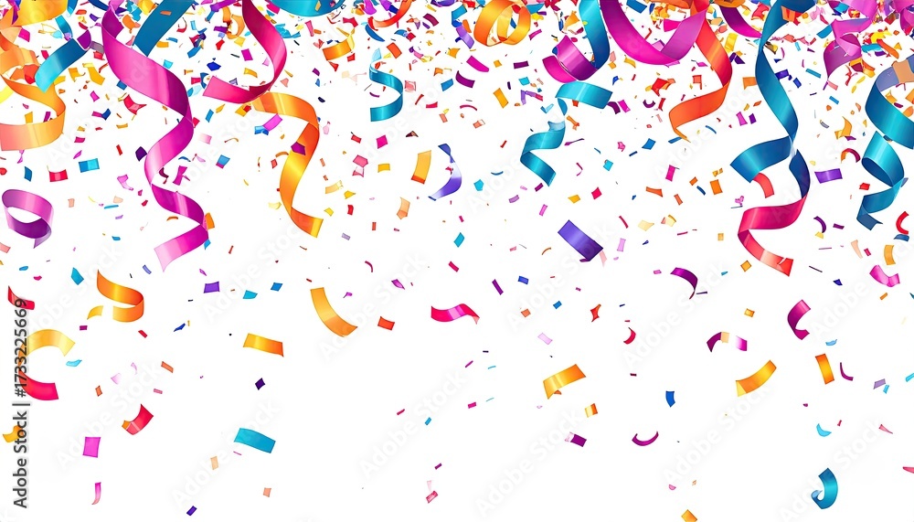 Fototapeta premium Vibrant streamers and confetti cascade downward against a stark white background