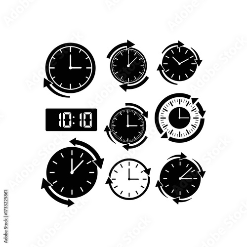Four stylized clock icons showing reload, reset, and circular time flow, with different symbols.