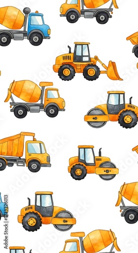 Construction vehicles seamless pattern featuring cement mixers, dump trucks and road rollers for