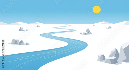 Winding blue river flowing through a vast snowy landscape under a bright sun.