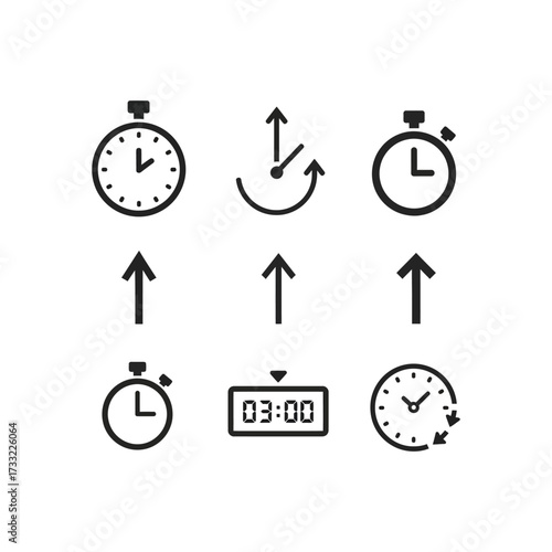 Four stylized clock icons showing reload, reset, and circular time flow, with different symbols.