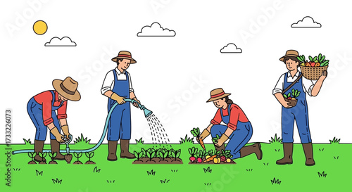 Diverse Farmers Cultivating Garden Crops Planting Watering Weeding and Harvesting Fresh Produce in a Sunny Organic Farm