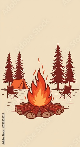 Cozy Campfire Scene Illustration with Tent Trees and Chairs for Relaxation