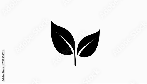 A minimalist black icon depicting two stylized leaves, representing nature, growth, and sustainability.