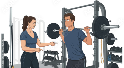 Fitness Coach Guiding Man Performing Barbell Squat Exercise in Gym