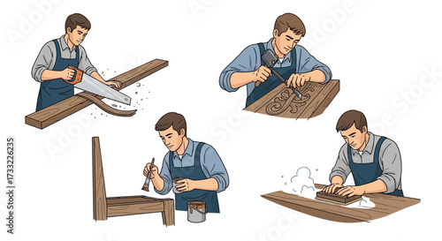 Skilled Artisan Crafting Wood Sawing Carving Assembling and Sanding Steps