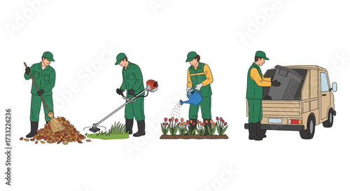 Gardening and Yard Work Sequence Leaf Raking Mowing Planting Debris Removal by a Worker
