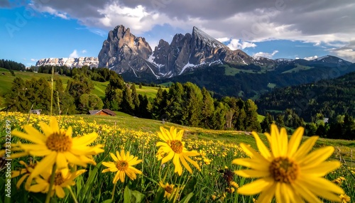 Fototapeta Naklejka Na Ścianę i Meble -  Lush alpine meadow vibrant with yellow flowers, mountains in the background