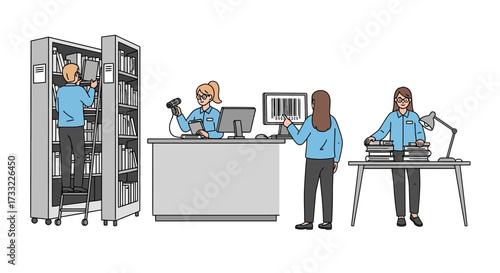 Library workflow illustration cataloging checkout and book processing