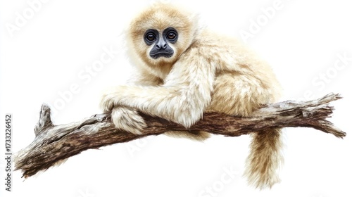 White gibbon perched on a branch isolated on white background