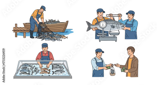 Seafood Market Process Catching Weighing Preparing and Selling Fresh Fish