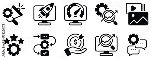 SEO and SEM icon solid mix style vector glyph for marketing dashboards and web apps minimal pictogram for ranking ads analytics and keyword workflows