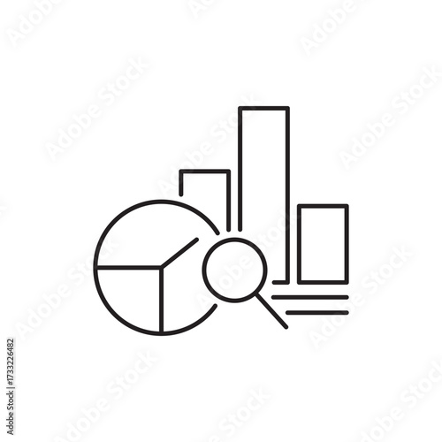 Vector line icon of data analytics with pie chart, bar chart, and magnifying glass. Perfect for business reports, finance, marketing research, statistics, dashboard, or infographic design.
