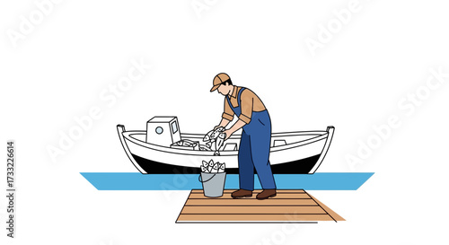 Fisherman Unloads Catch from Boat onto Dock with Bucket of Fish