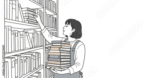 Person Organizing Bookshelves in Library or Bookstore Setting