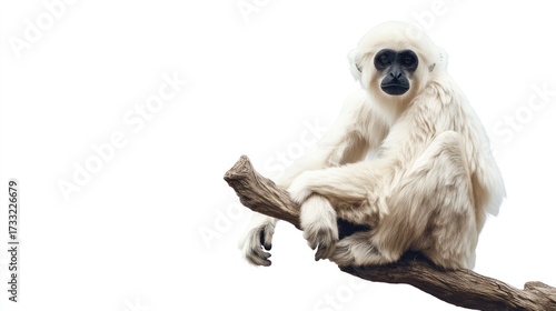 White gibbon sits on a branch against an isolated white background