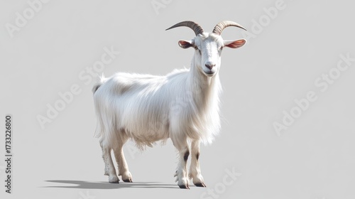 White goat standing against plain background with horns