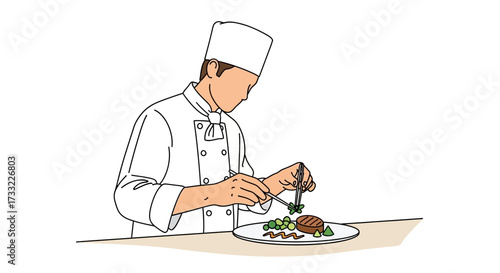 Chef Decorating Gourmet Food Plating With Fresh Herbs and Greens for Professional Restaurant Presentation