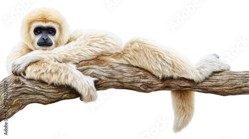 White handed gibbon resting on tree branch against white background