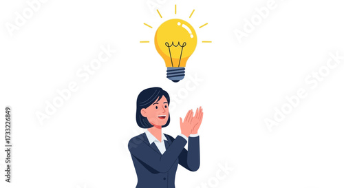 Businesswoman Applauding As Bright Idea Bulb Lights Up Above Her Head Concept of Innovation and Success