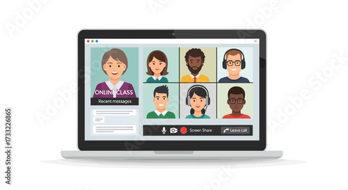 Diverse group joins online class on laptop screen with teacher leading virtual meeting