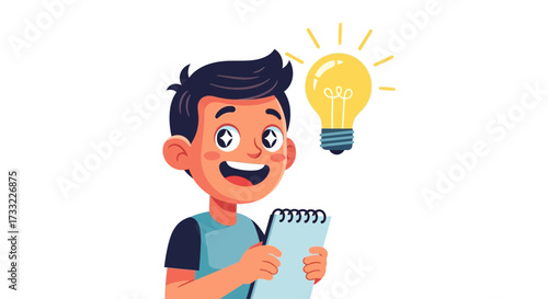 Creative Boy With Lightbulb Idea Holding Notebook Vector Illustration of Inspiration and Innovation