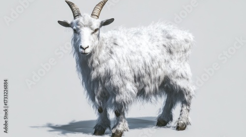 White goat with curved horns isolated on simple background for design